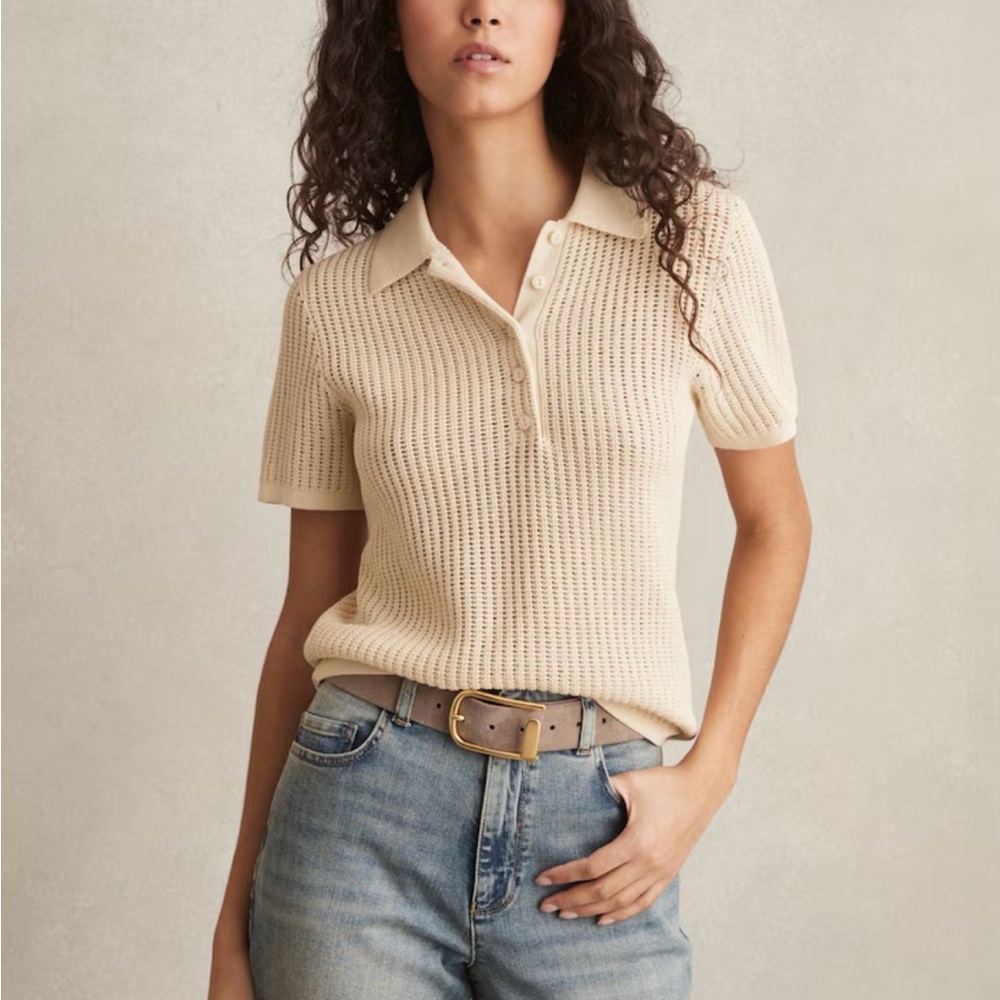 Reiss Brand New- Open-Knit Polo Short Sleeve Top